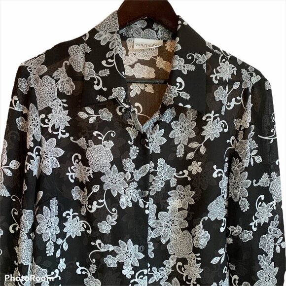 Vanity Fair🌸Black Floral Button Up Blouse Size L - Picture 3 of 10